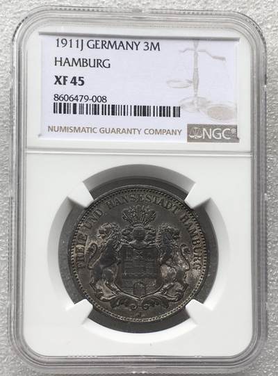世界钱币专场拍卖 每周二开拍 - NGC XF45分1911年德国汉堡自由市双狮3马克流通银币