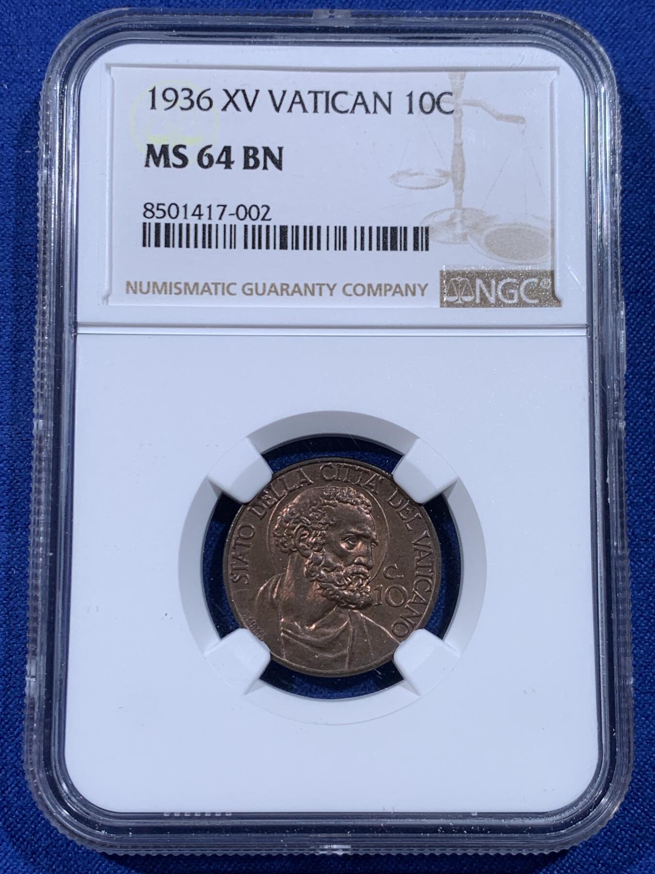 《竞宝斋》第436场 周日，周一2场连拍 （全场包邮） 两枚一组 NGC MS64BN 梵蒂冈 1936年 5分+10分铜币 同年同分 虽是辅币但依然制作精美