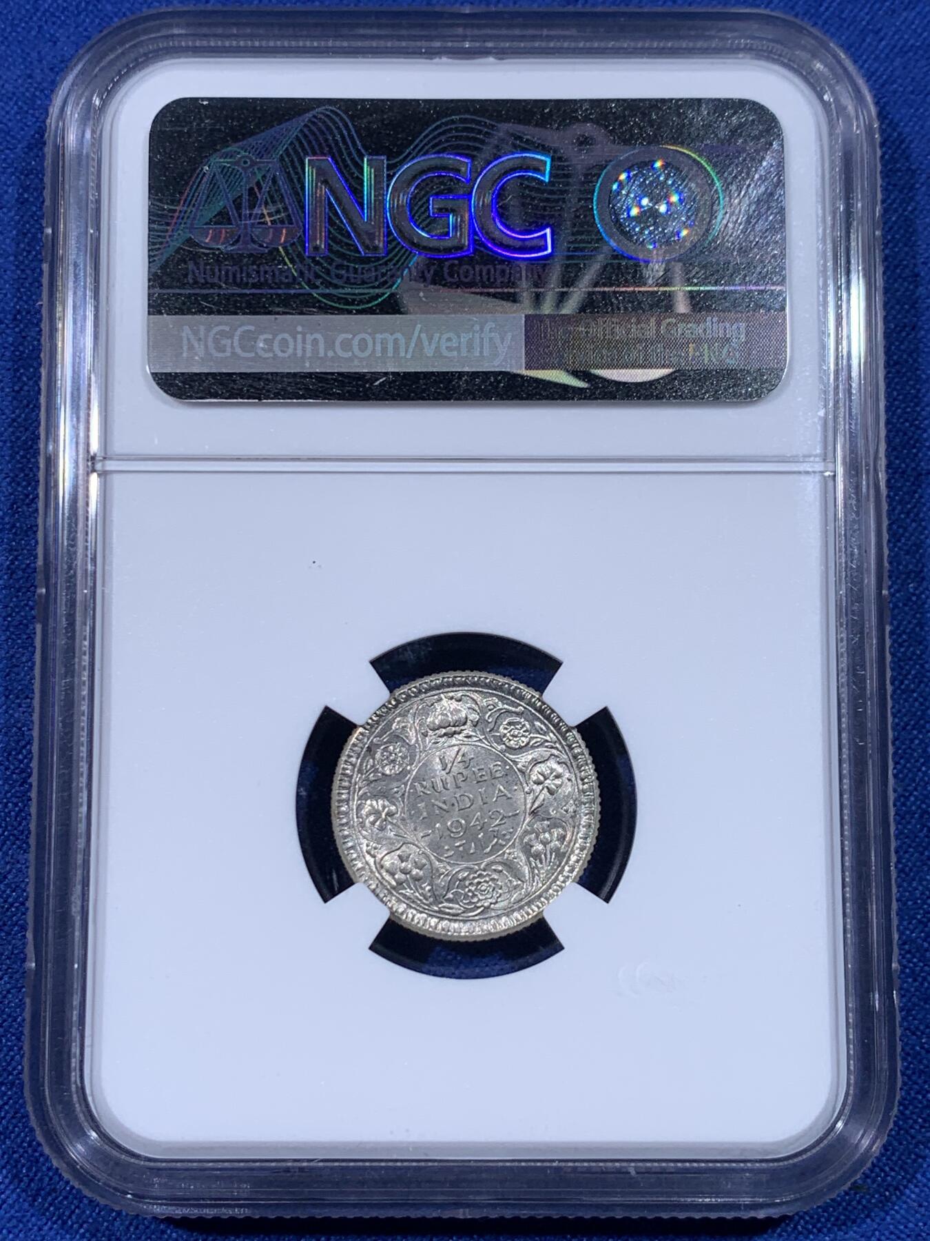 《竞宝斋》第436场 周日，周一2场连拍 （全场包邮） NGC MS64 英属印度1942年乔治六世1/4卢比银币 卷拆原光