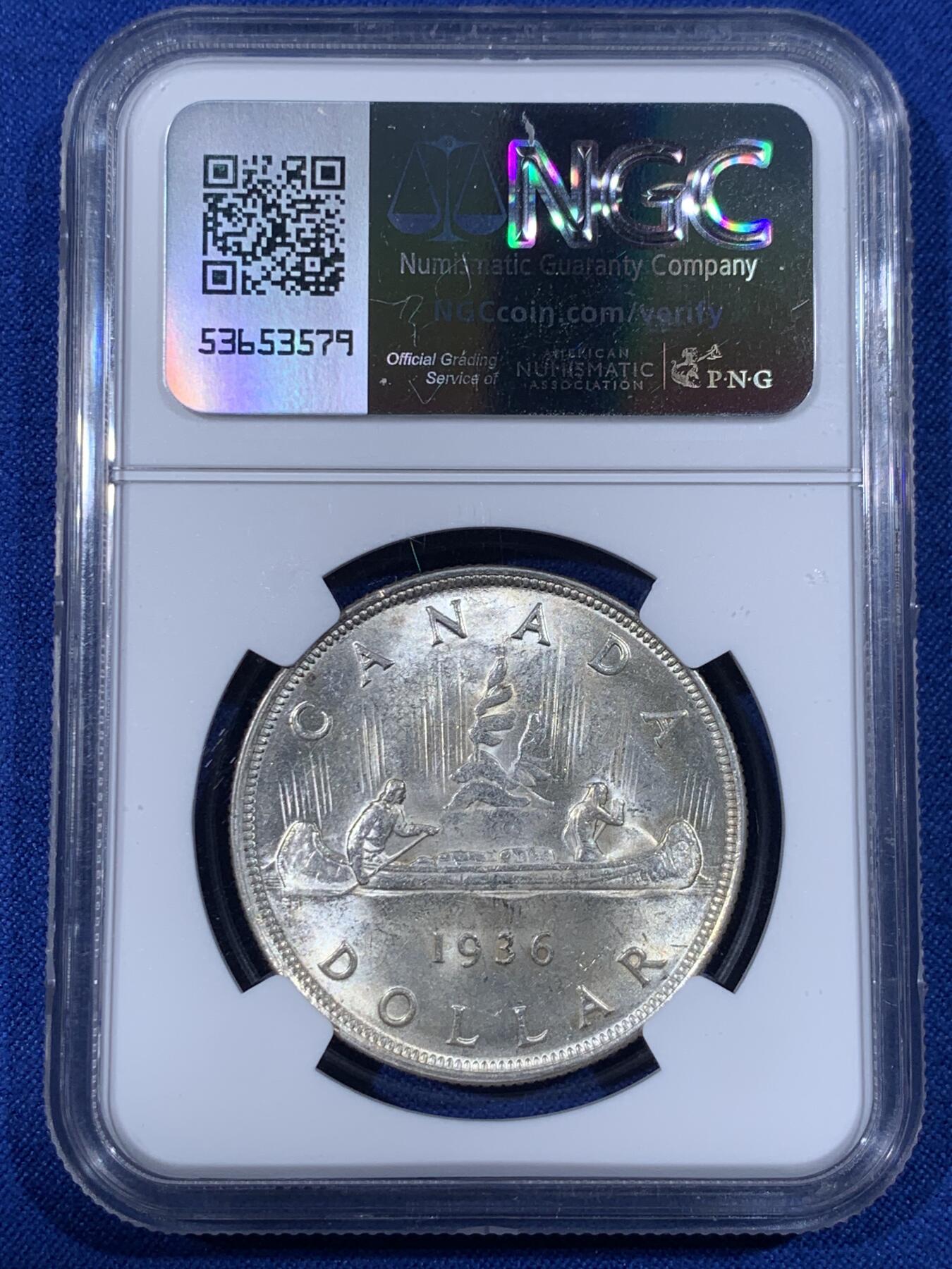 《竞宝斋》第436场 周日，周一2场连拍 （全场包邮） NGC MS62 加拿大1936年乔治五世一元银币 转光明显 原ICCS评级ms63 个人感觉低评