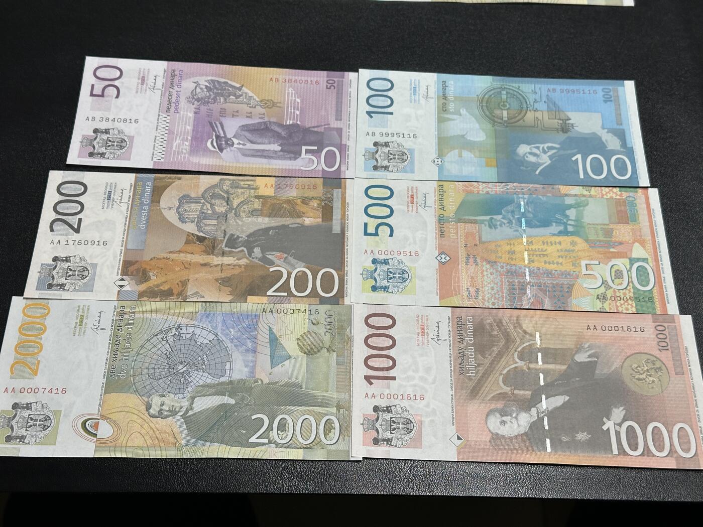 《外钞收藏家》第五百八十三期（精选场）（本期拍品丰富）（本平台长期征集拍品、欢迎藏友们联系合作） 2014年塞尔维亚50-2000第纳尔 六张一起 全新UNC 尾两同16 有千位号 AA冠