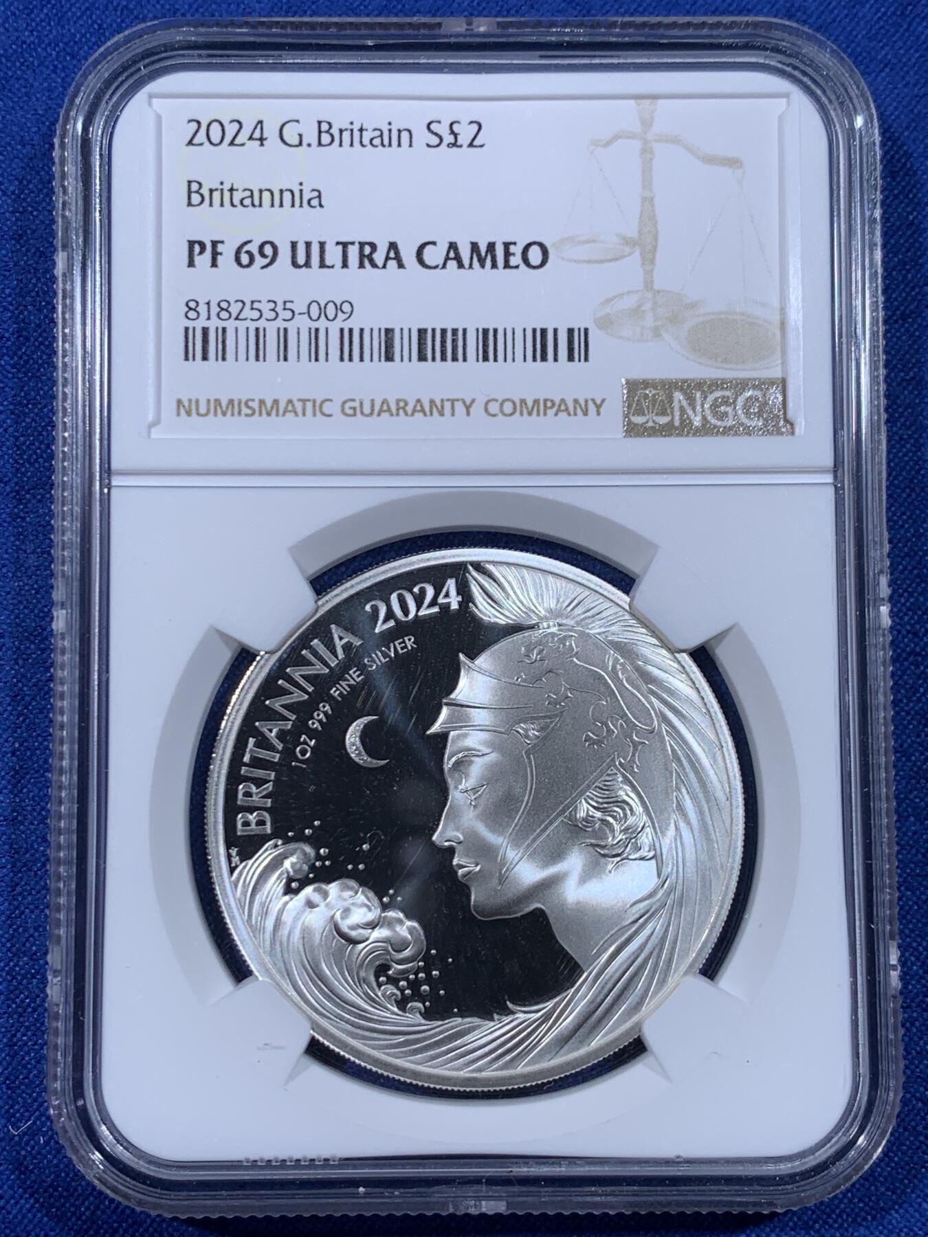 《竞宝斋》第436场 周日，周一2场连拍 （全场包邮） NGC PF69UC 英国 2024年 不列颠女神 浪姐 2镑 精制1盎司银币 999纯银 31.21克