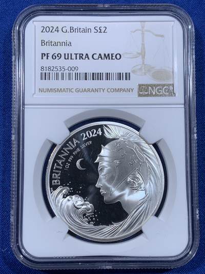 《竞宝斋》第436场 周日，周一2场连拍 （全场包邮） - NGC PF69UC 英国 2024年 不列颠女神 浪姐 2镑 精制1盎司银币 999纯银 31.21克