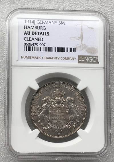 世界钱币专场拍卖 每周二开拍 - NGC AU 1914年德国汉堡自由市双狮3马克流通银币