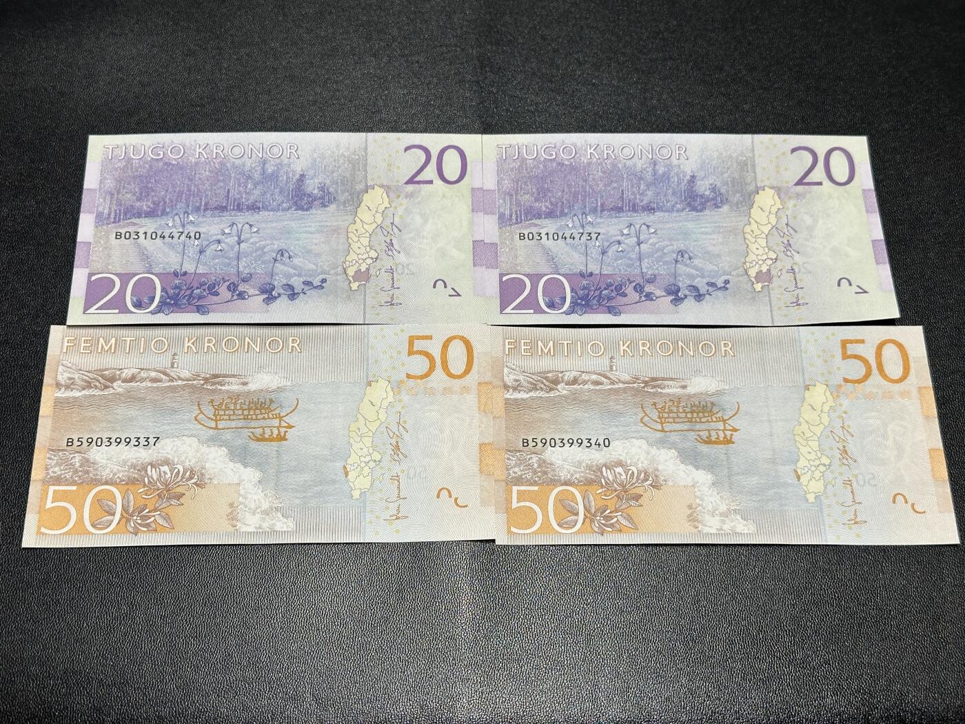 《外钞收藏家》第五百八十三期（精选场）（本期拍品丰富）（本平台长期征集拍品、欢迎藏友们联系合作） 瑞典最新版20和50克朗 2对四张一起 全新UNC  尾2同