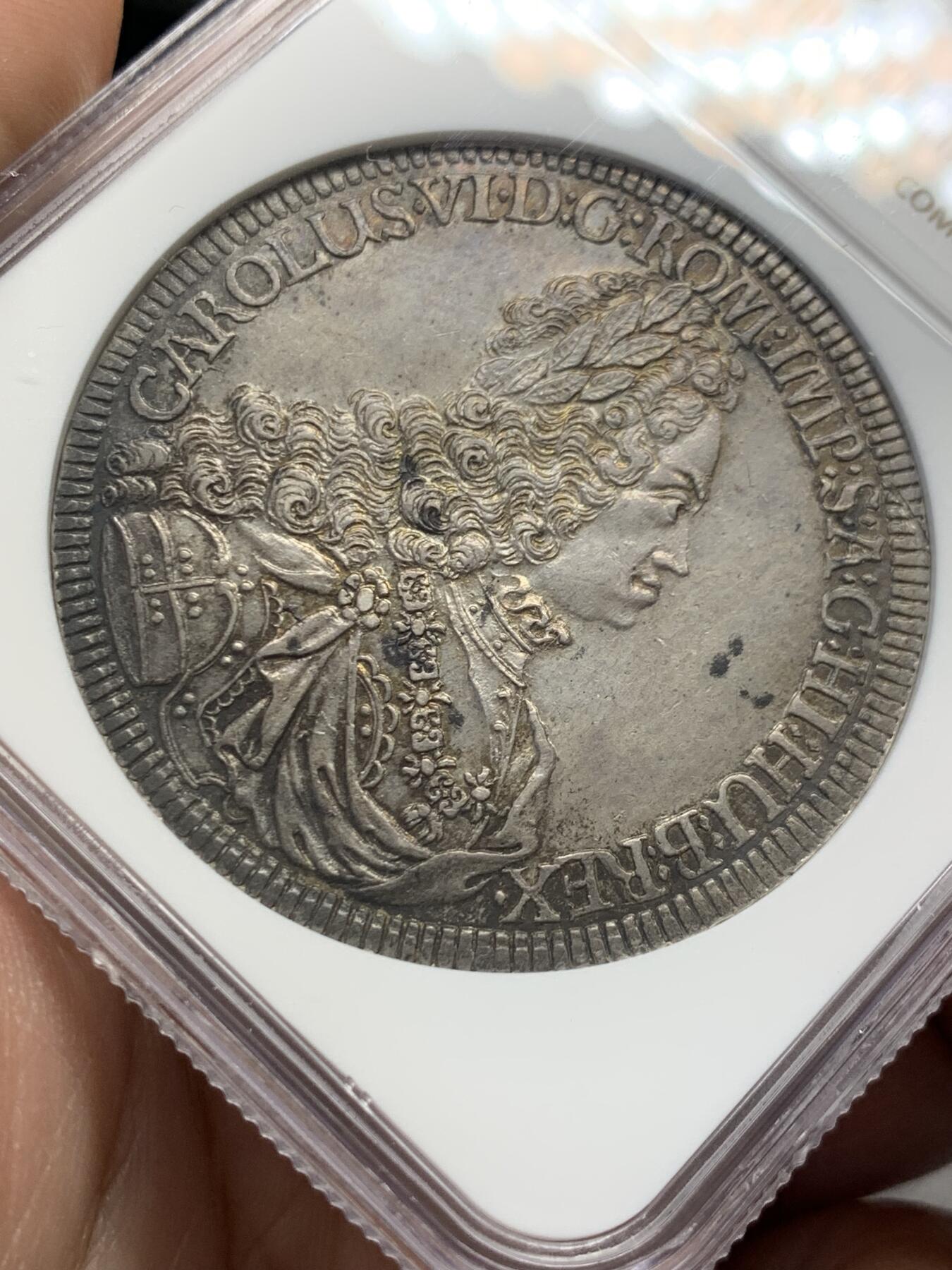 《竞宝斋》第436场 周日，周一2场连拍 （全场包邮） 亚军分 NGC MS63 神圣罗马帝国 1719年 卡尔六世 泰勒大银币 细节好 原味包浆 热门大波浪