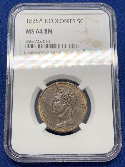 《竞宝斋》第436场 周日，周一2场连拍 （全场包邮） - NGC MS64BN 法属西印度殖民地 1825年 查理十世 5分铜币