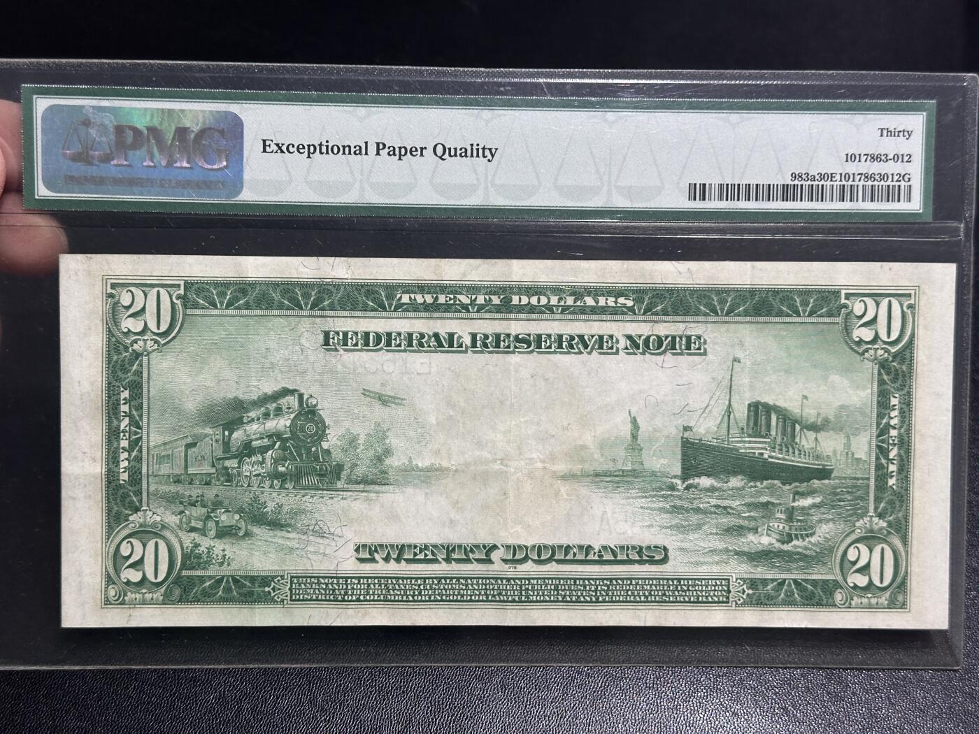 《外钞收藏家》第五百八十三期（精选场）（本期拍品丰富）（本平台长期征集拍品、欢迎藏友们联系合作） 1914年美国大票幅20美元 PMG30E 无47靓号 火车和轮船