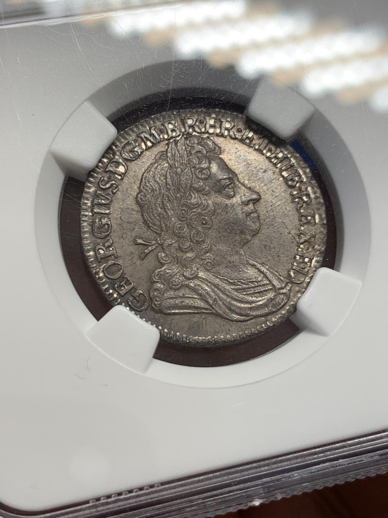 《竞宝斋》第436场 周日，周一2场连拍 （全场包邮） NGC MS63 英国 1723年 乔治一世SSC一先令银币 原味深包浆 高点清晰 难得状态