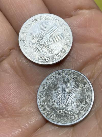 2025年第一百二十六场(总第一百五十二场）外国好品散币(免佣金) - 稀少早期年份–匈牙利🇭🇺20菲勒2枚：1953年59年(第一版大尺寸光边版)