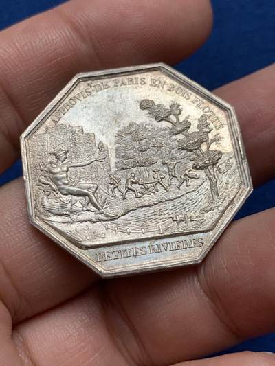 《竞宝斋》第436场 周日，周一2场连拍 （全场包邮） - 巴黎浮木发明家沙隆尔头像(墨丘利监工)八角银质代币，33MM，17克，油灯边铭