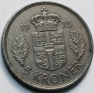 文馨钱币收藏第 280 场， 长期接收代拍品 - 好品 1975 年丹麦 玛格丽特二世女王 5 克朗，第一版