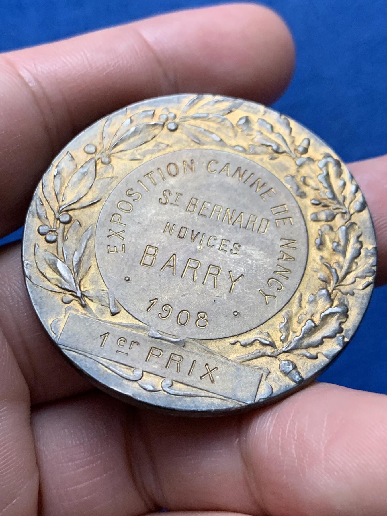 《竞宝斋》第436场 周日，周一2场连拍 （全场包邮） 1908年法国犬类博览会镀金银章 丰饶角1银标 44.25克 44mm