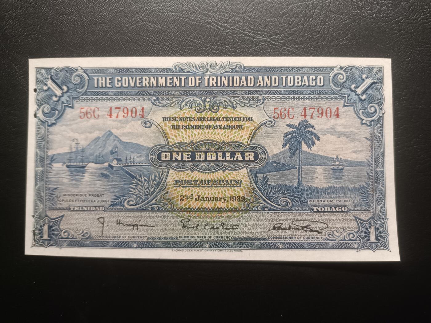 2025十一月第三期，总201期 英属特立尼达和多巴哥1939年1元UNC-有多处孔洞，海湾和总督府徽章，早期少见品种