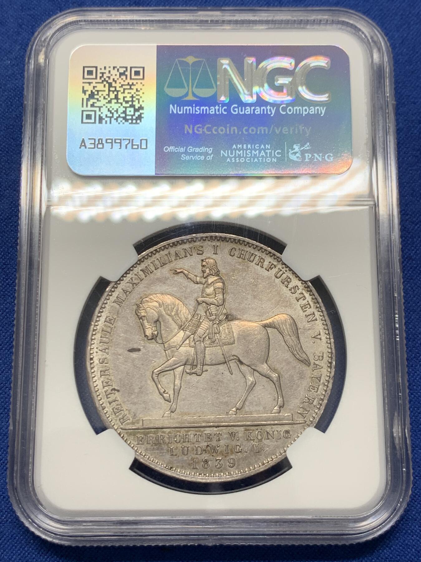 《竞宝斋》第436场 周日，周一2场连拍 （全场包邮） NGC MS61 德国1839年巴伐利亚路德维希一世选帝侯纪念2泰勒 名誉品种 包浆很好 有些低评了