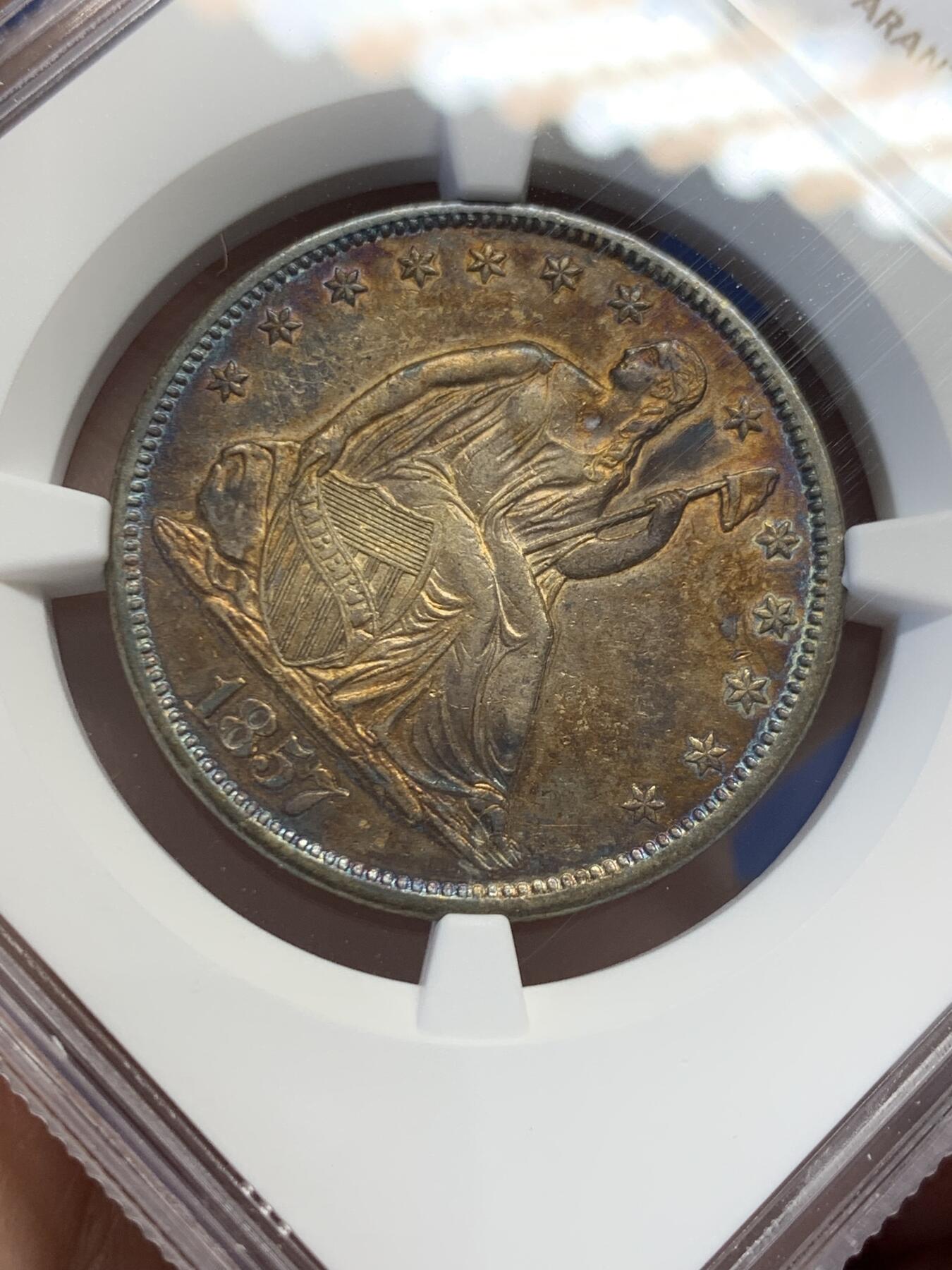 《竞宝斋》第436场 周日，周一2场连拍 （全场包邮） NGC AU53 美国1857年自由女神坐像半美元银币 900银 12.44克 稀少品种