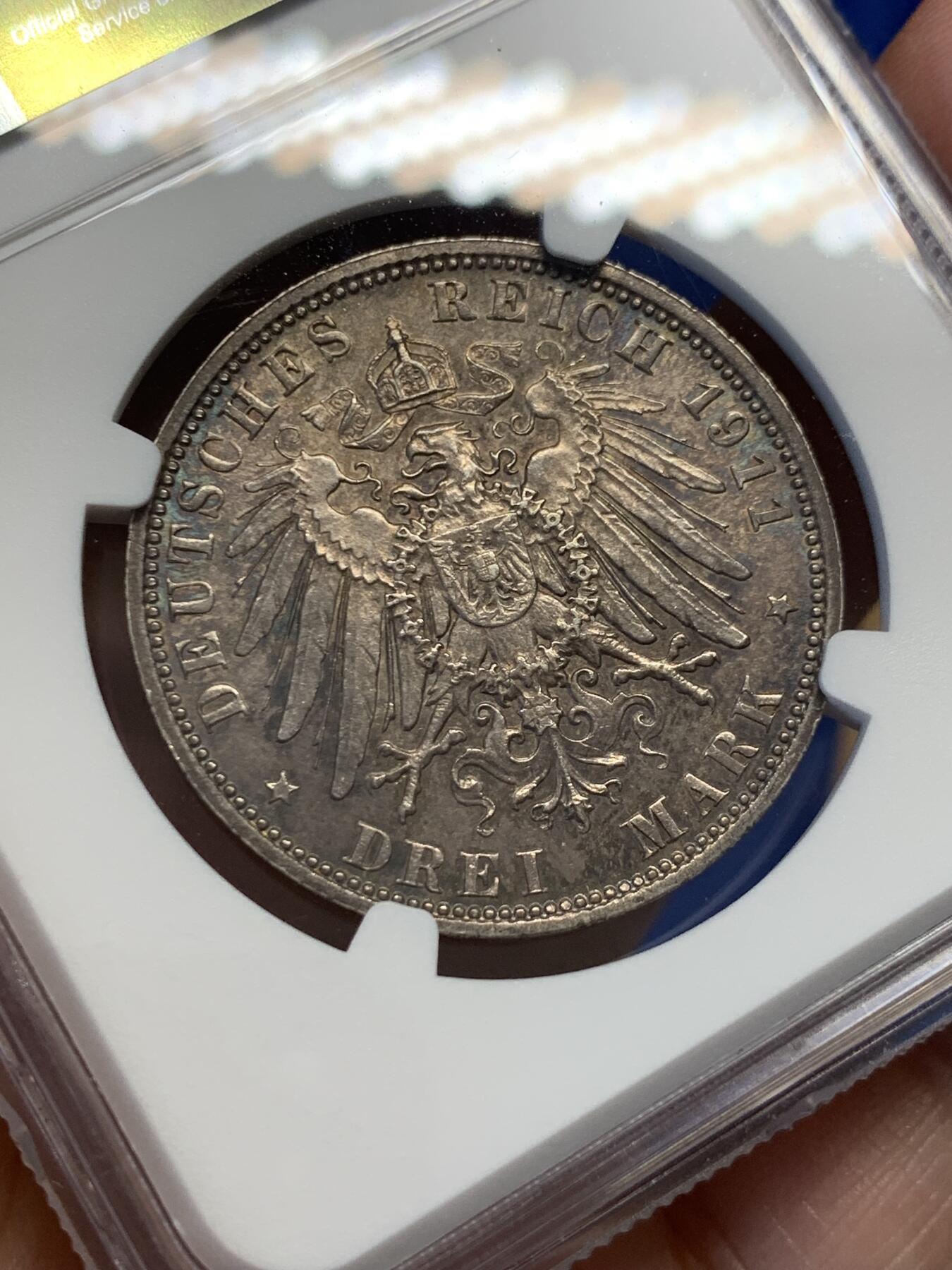 《竞宝斋》第436场 周日，周一2场连拍 （全场包邮） NGC MS62 德国巴伐利亚 1911年 柳特波德 3马克 银币