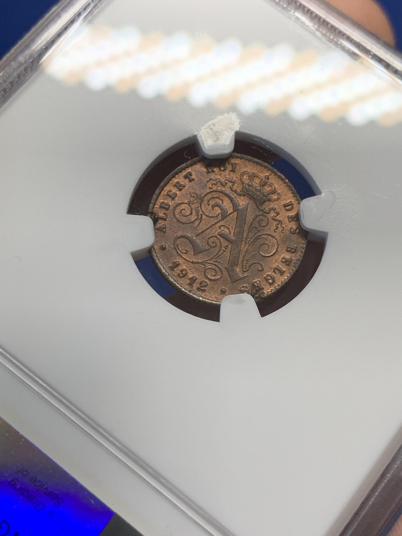 《竞宝斋》第436场 周日，周一2场连拍 （全场包邮） NGC MS63RB 比利时 1912年 狮子 1分 铜币 少见红光早期铜币 比利时经典品种