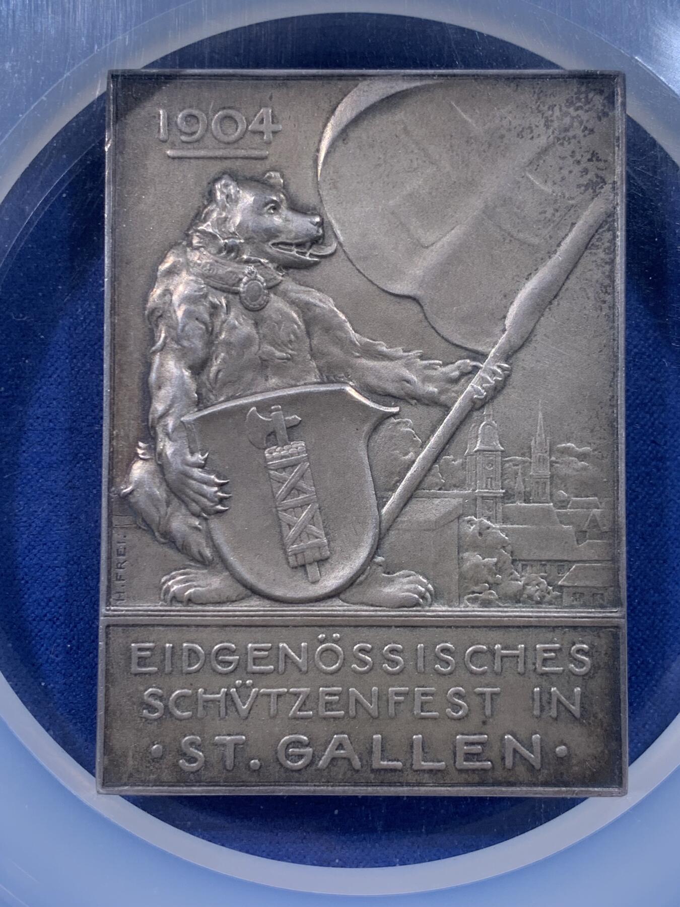 《竞宝斋》第436场 周日，周一2场连拍 （全场包邮） NGC MS64 瑞士1904年圣加伦射击节银章，45x63mm，加大加厚盒。