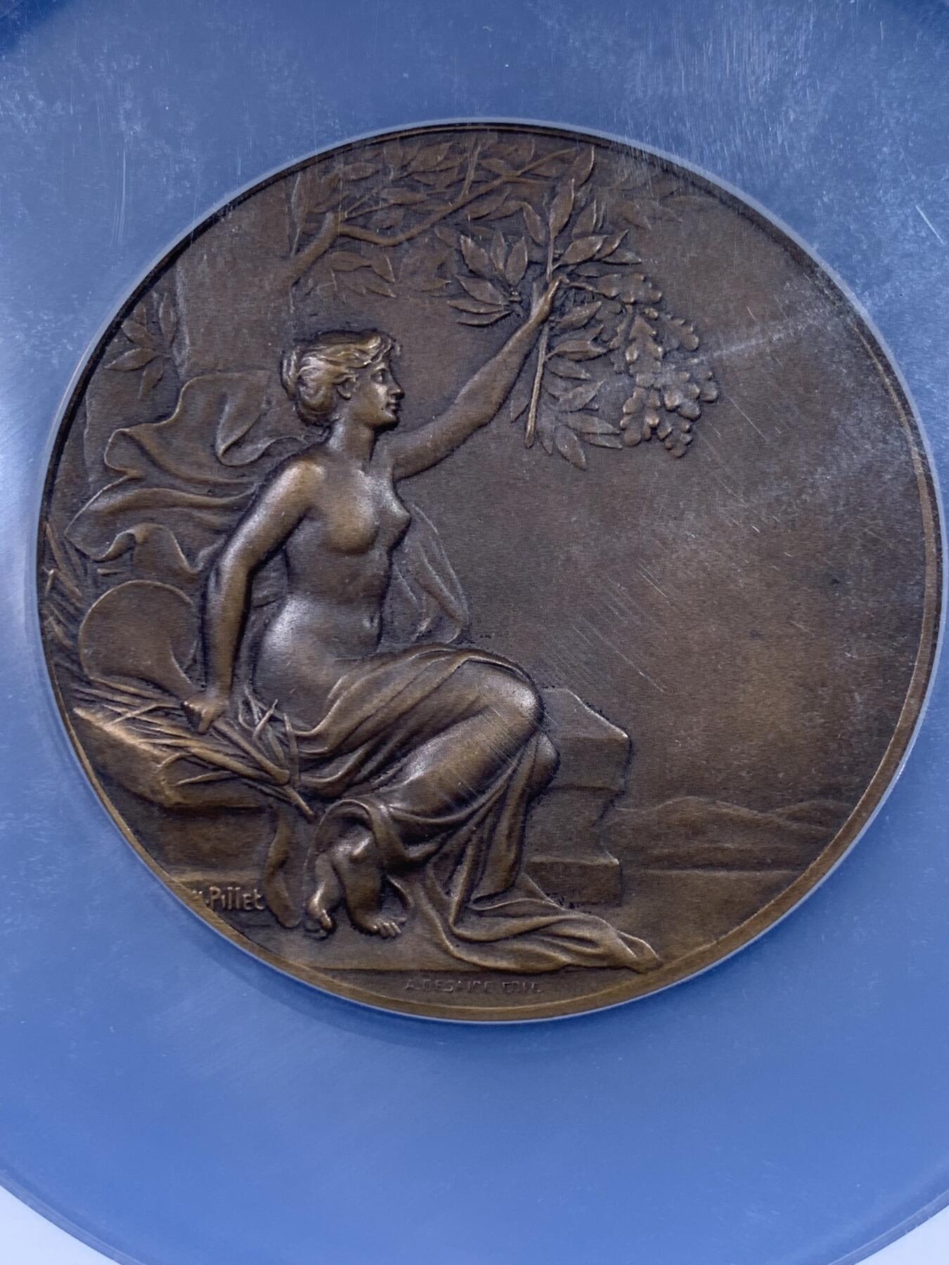 《竞宝斋》第436场 周日，周一2场连拍 （全场包邮） NGC MS63BN 法国索邦大学1933女子教育大铜章，美丽的月桂清凉女神，优雅美好。Pillet大师代表作之一，相传Pillet是以自己的妻子为模特。59mm大规格，大盒封装