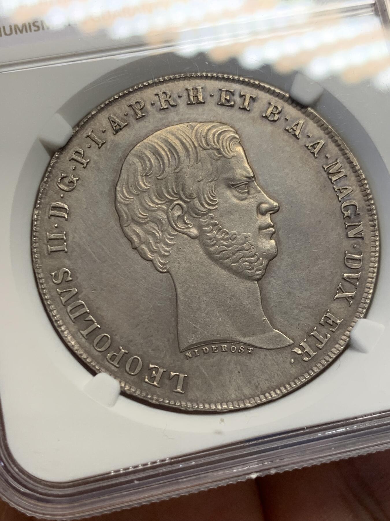 《竞宝斋》第436场 周日，周一2场连拍 （全场包邮） NGC UNCD 意大利1858年托斯卡纳利奥波德二世1菲奥里尼大银币