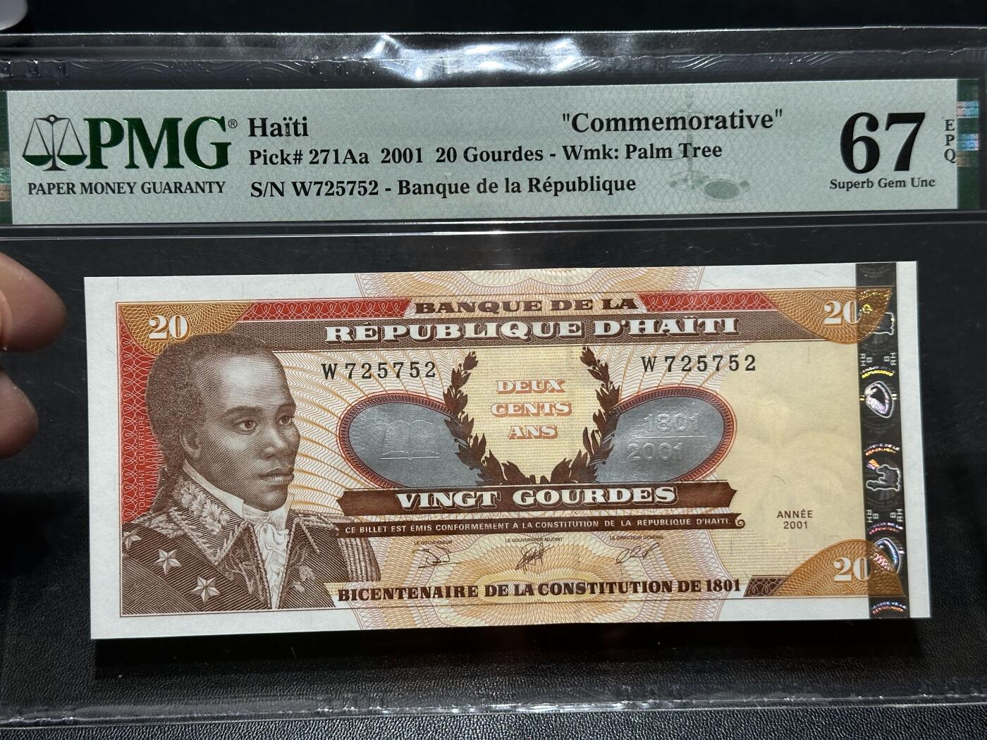 《外钞收藏家》第五百八十三期（精选场）（本期拍品丰富）（本平台长期征集拍品、欢迎藏友们联系合作） 2001年海地20古德 纪念钞 PMG67 冠号725752
