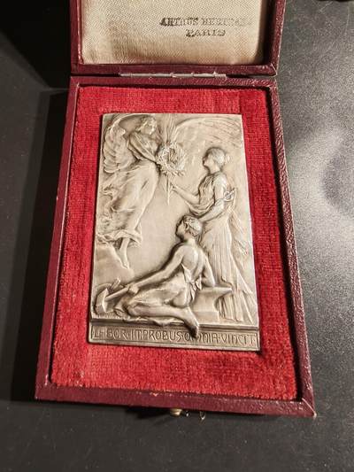 老王徽章第162期 - 法国农事主题镀银方形大铜章     原盒     尺寸68×43mm.    重量83.8g