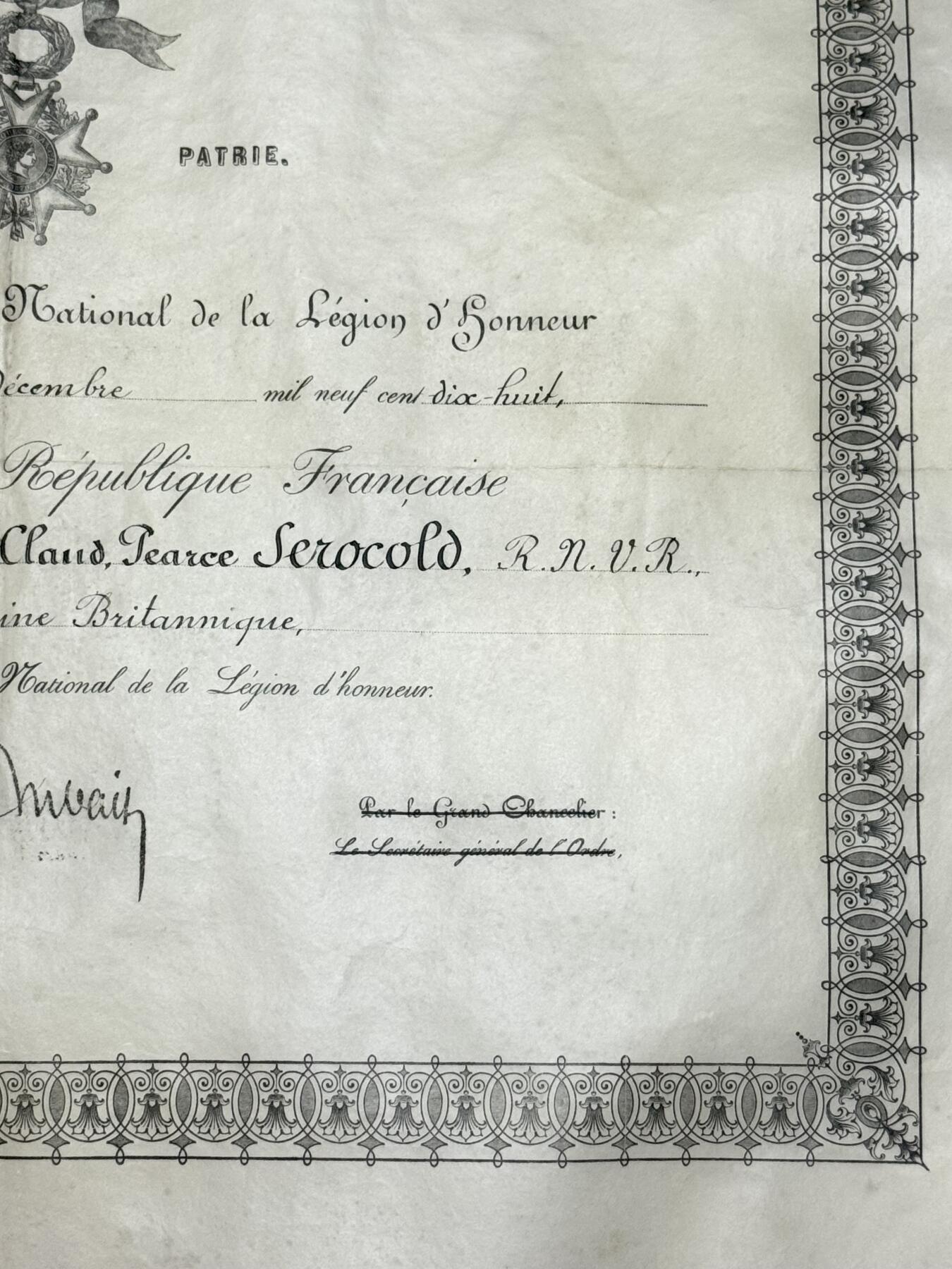 韵星假日精品2025秋季军品类拍卖会-- Rimey Holidays Boutique 2025 Autumn Militaria Sale 英国皇家海军军官奥罗科德的军官级荣誉军团勋章证书