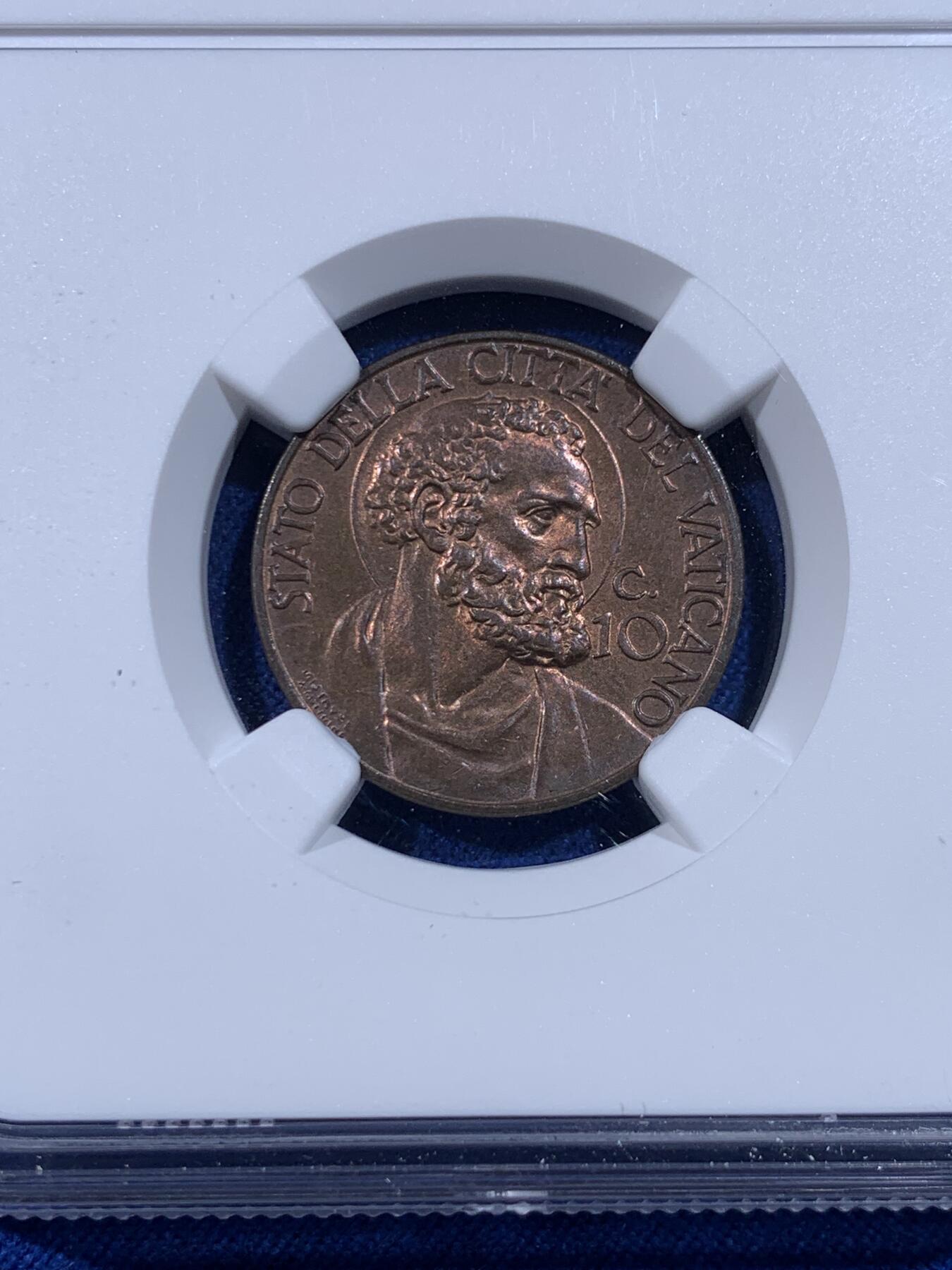 《竞宝斋》第436场 周日，周一2场连拍 （全场包邮） 两枚一组 NGC MS64BN 梵蒂冈 1936年 5分+10分铜币 同年同分 虽是辅币但依然制作精美