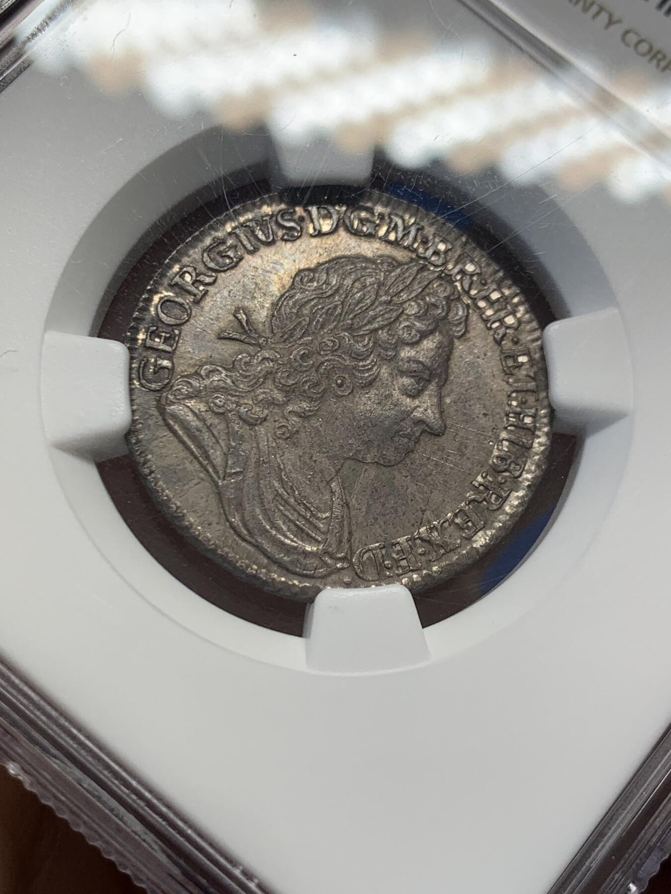 《竞宝斋》第436场 周日，周一2场连拍 （全场包邮） NGC MS63 英国 1723年 乔治一世SSC一先令银币 原味深包浆 高点清晰 难得状态