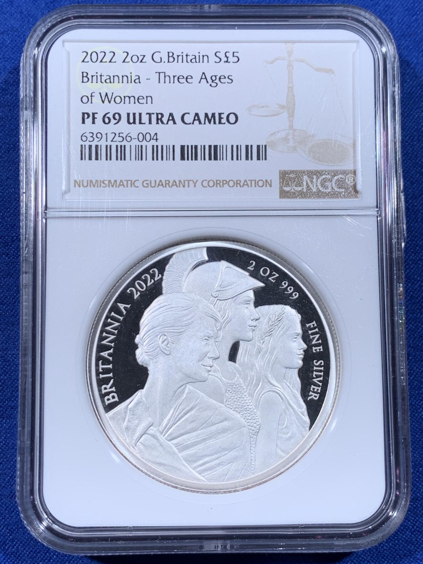 《竞宝斋》第436场 周日，周一2场连拍 （全场包邮） NGC PF69UC 英国 2022年 不列颠女神 三女性 5镑 精制2盎司银币 999纯银 62.86克 加厚盒