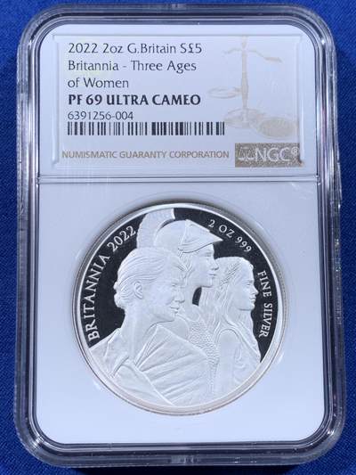 《竞宝斋》第436场 周日，周一2场连拍 （全场包邮） - NGC PF69UC 英国 2022年 不列颠女神 三女性 5镑 精制2盎司银币 999纯银 62.86克 加厚盒