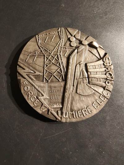 老王徽章第162期 - 法国电力行业“电力之光”镀银大铜章     高浮雕     直径68mm.    重量176.2g