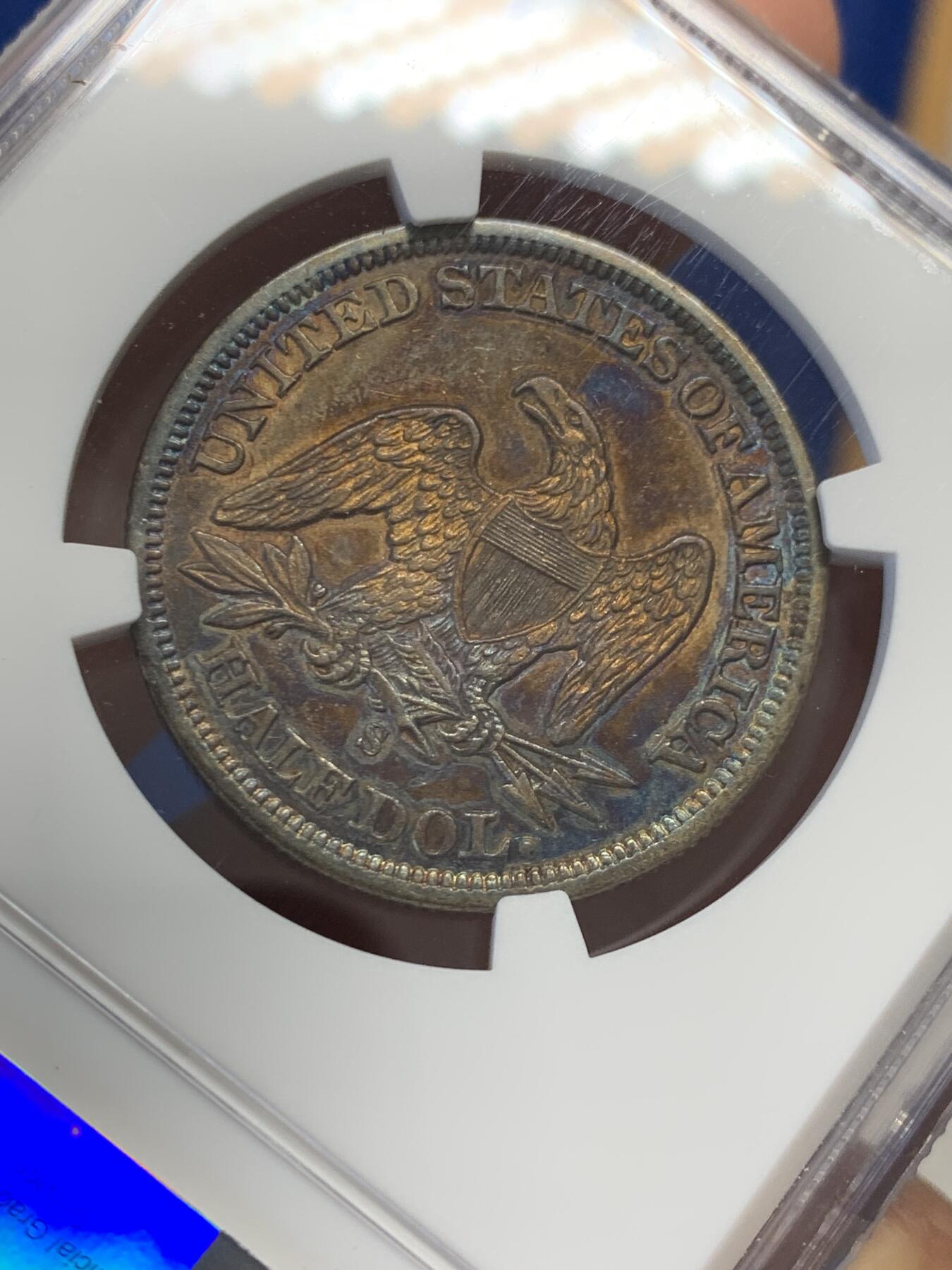 《竞宝斋》第436场 周日，周一2场连拍 （全场包邮） NGC AU53 美国1857年自由女神坐像半美元银币 900银 12.44克 稀少品种