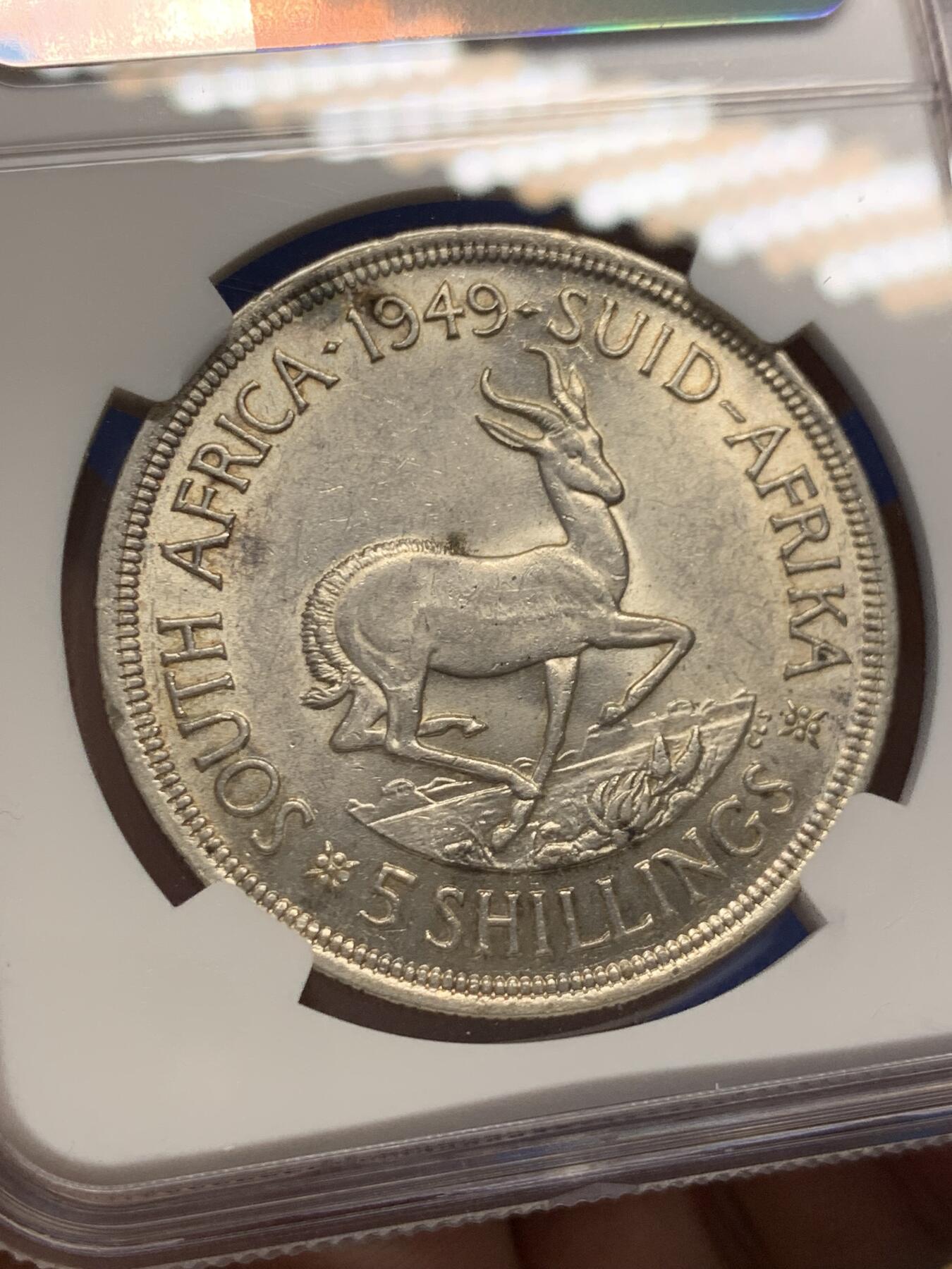 《竞宝斋》第436场 周日，周一2场连拍 （全场包邮） NGC AU58 南非1949年乔治六世羚羊5先令银币