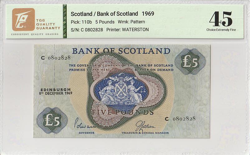 2025十一月第三期，总201期 苏格兰银行1969年5镑TQG45分无47，少见中高面值品种