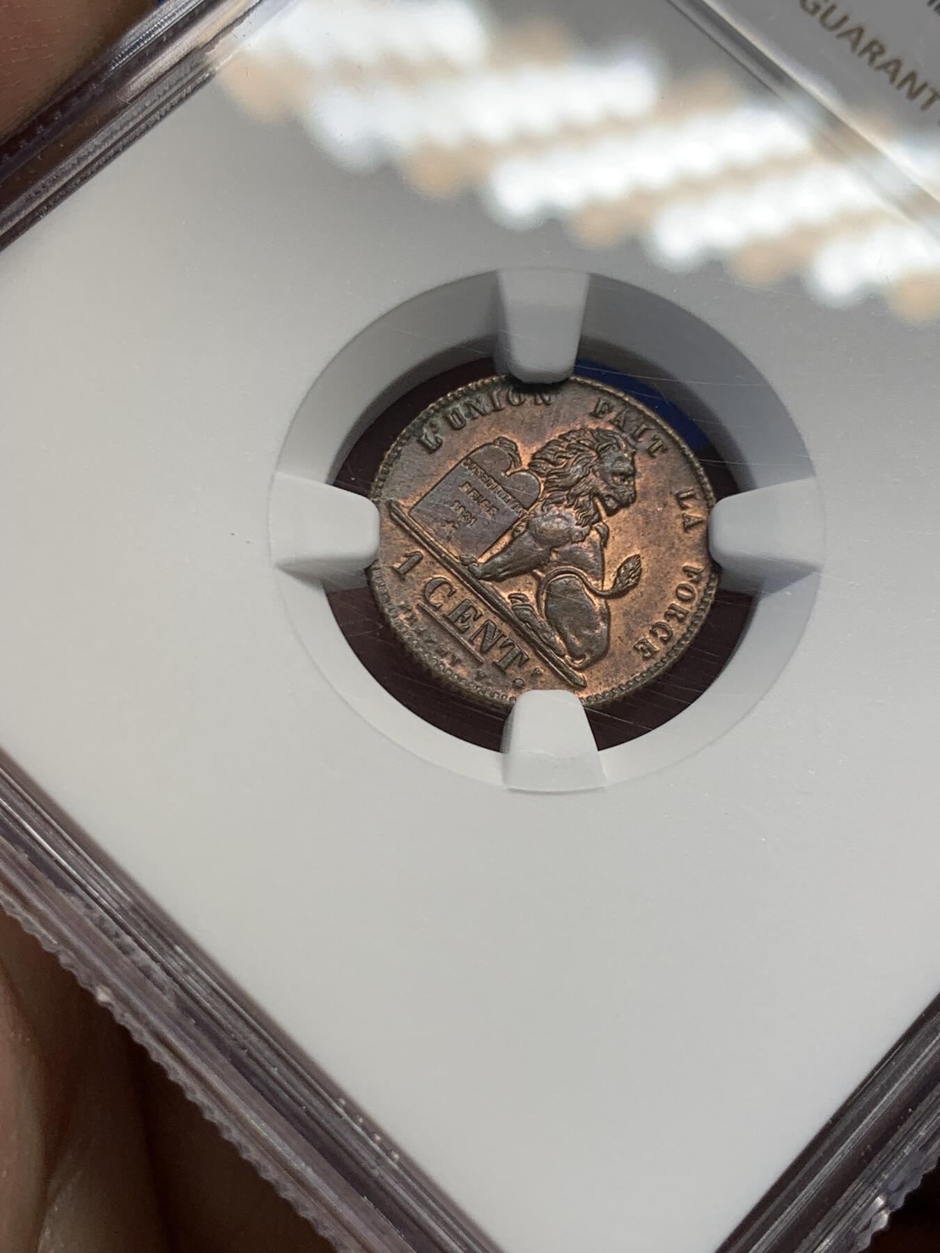 《竞宝斋》第436场 周日，周一2场连拍 （全场包邮） NGC MS63RB 比利时 1912年 狮子 1分 铜币 少见红光早期铜币 比利时经典品种