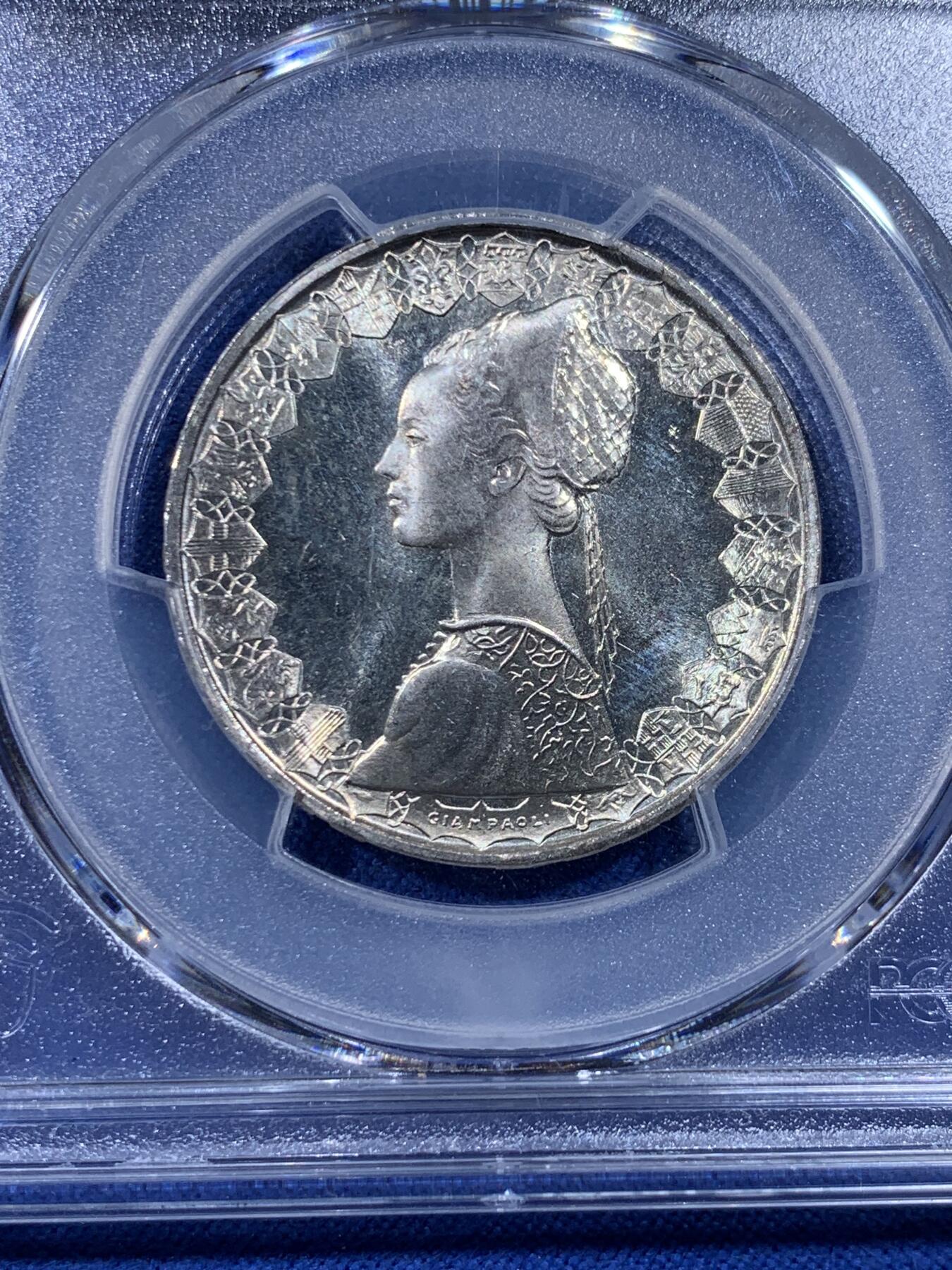 《竞宝斋》第436场 周日，周一2场连拍 （全场包邮） PCGS MS66 意大利1970年帆船少女500里拉银币 底板PL感很强的一枚！