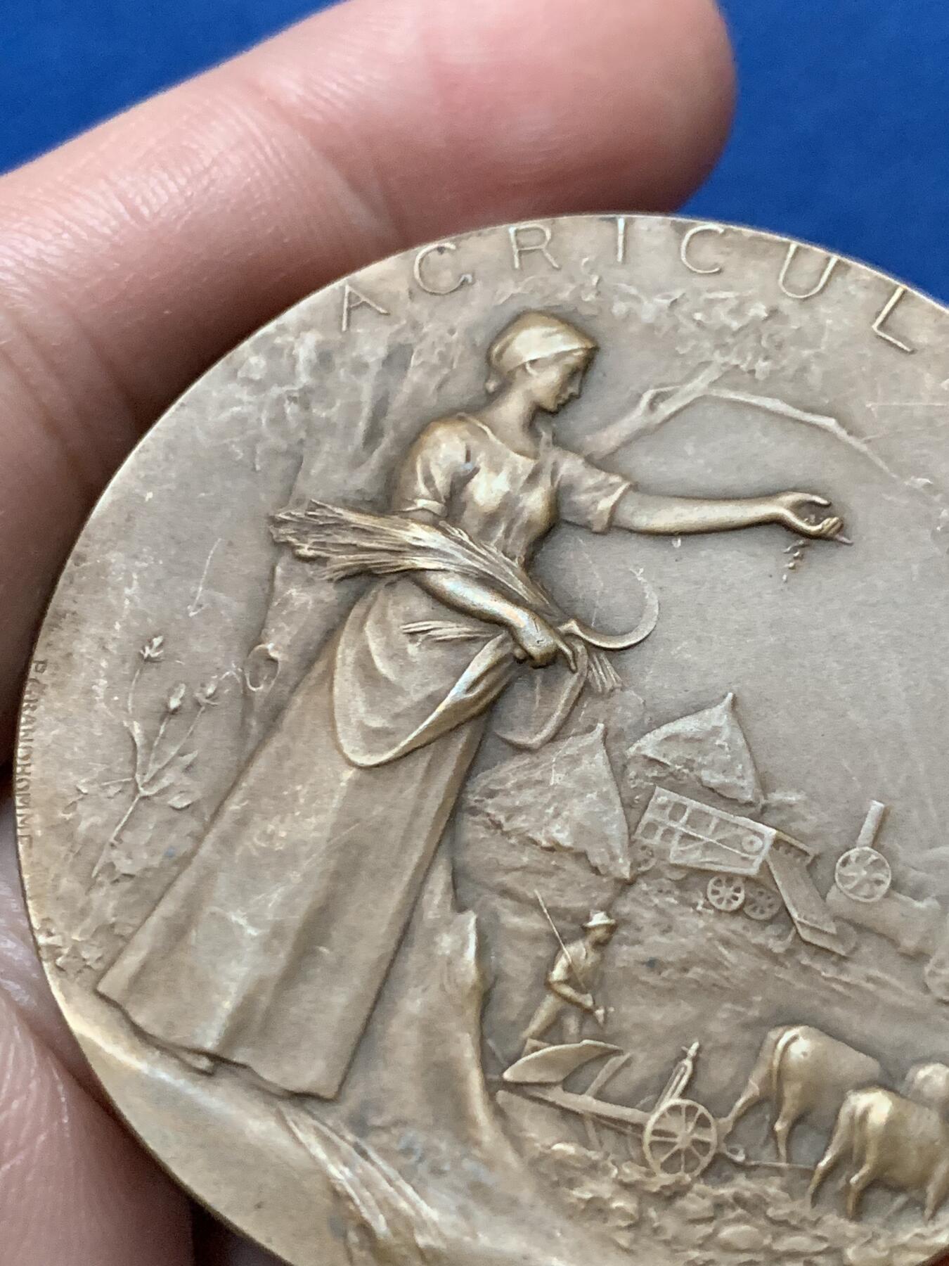 《竞宝斋》第436场 周日，周一2场连拍 （全场包邮） P.Grand'homme 法国农业铜章，重：56克，直径：49.7mm，边铭：三角厂铭 BRONZE，品相不错，双面设计，很美！