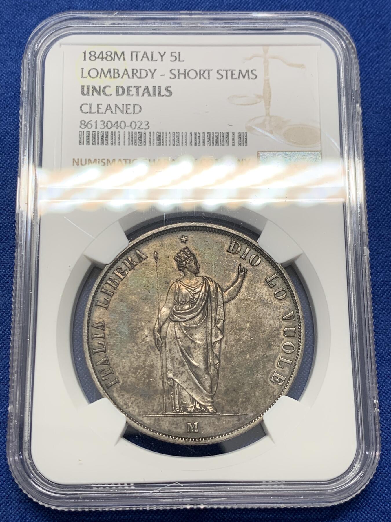 《竞宝斋》第436场 周日，周一2场连拍 （全场包邮） NGC UNCD 意大利1848年伦巴第5里拉大银币 革命临时政府 持矛女神 意系热门品种 仅发行了1年 铸量12万枚。