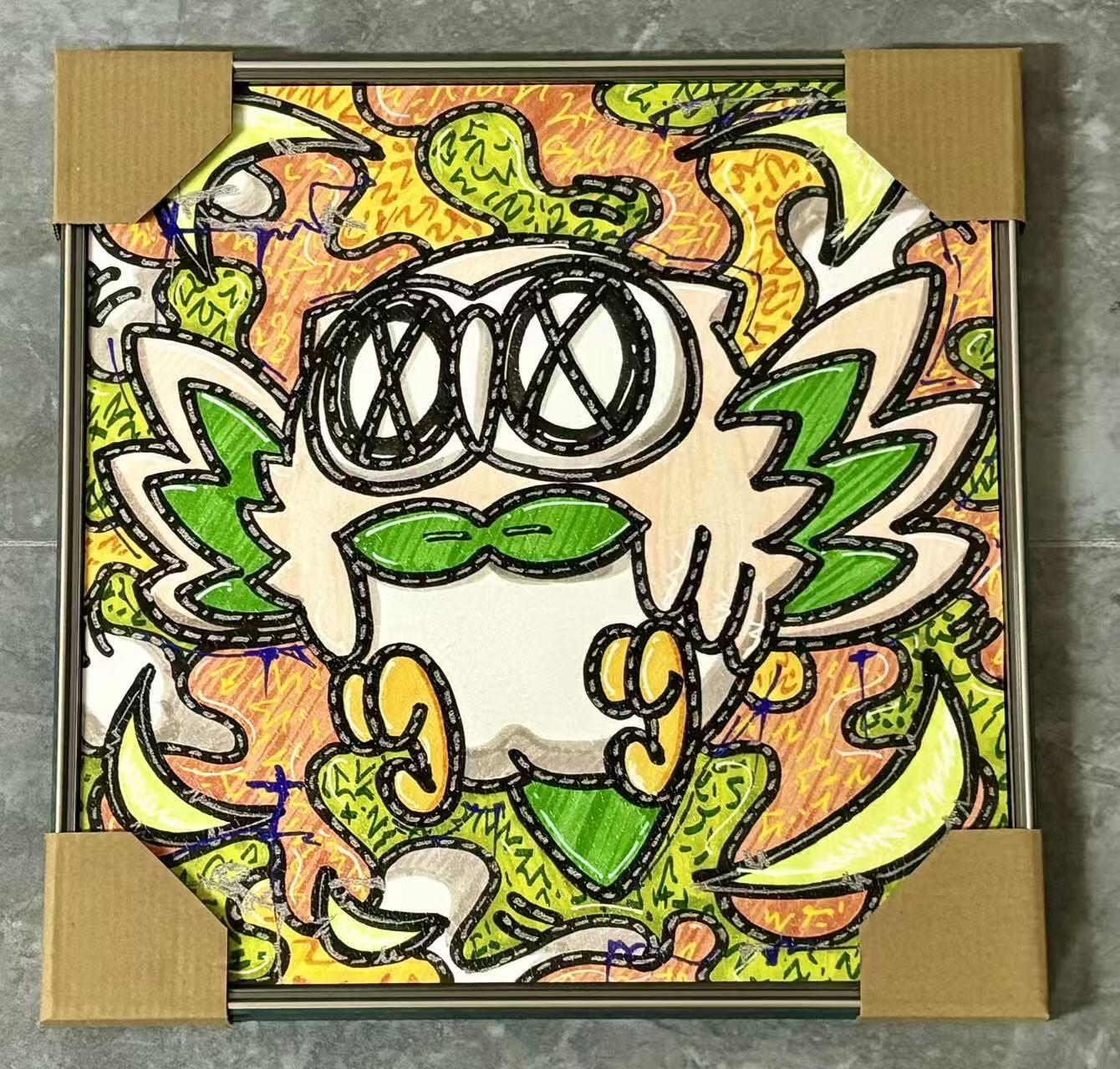 零元拍：歪歪 OWSON 系列作品装饰肌理画《宝可梦-木木鸮》，相框尺寸35/35CM。因展品出展，镜框可能有轻微划痕，介意勿拍