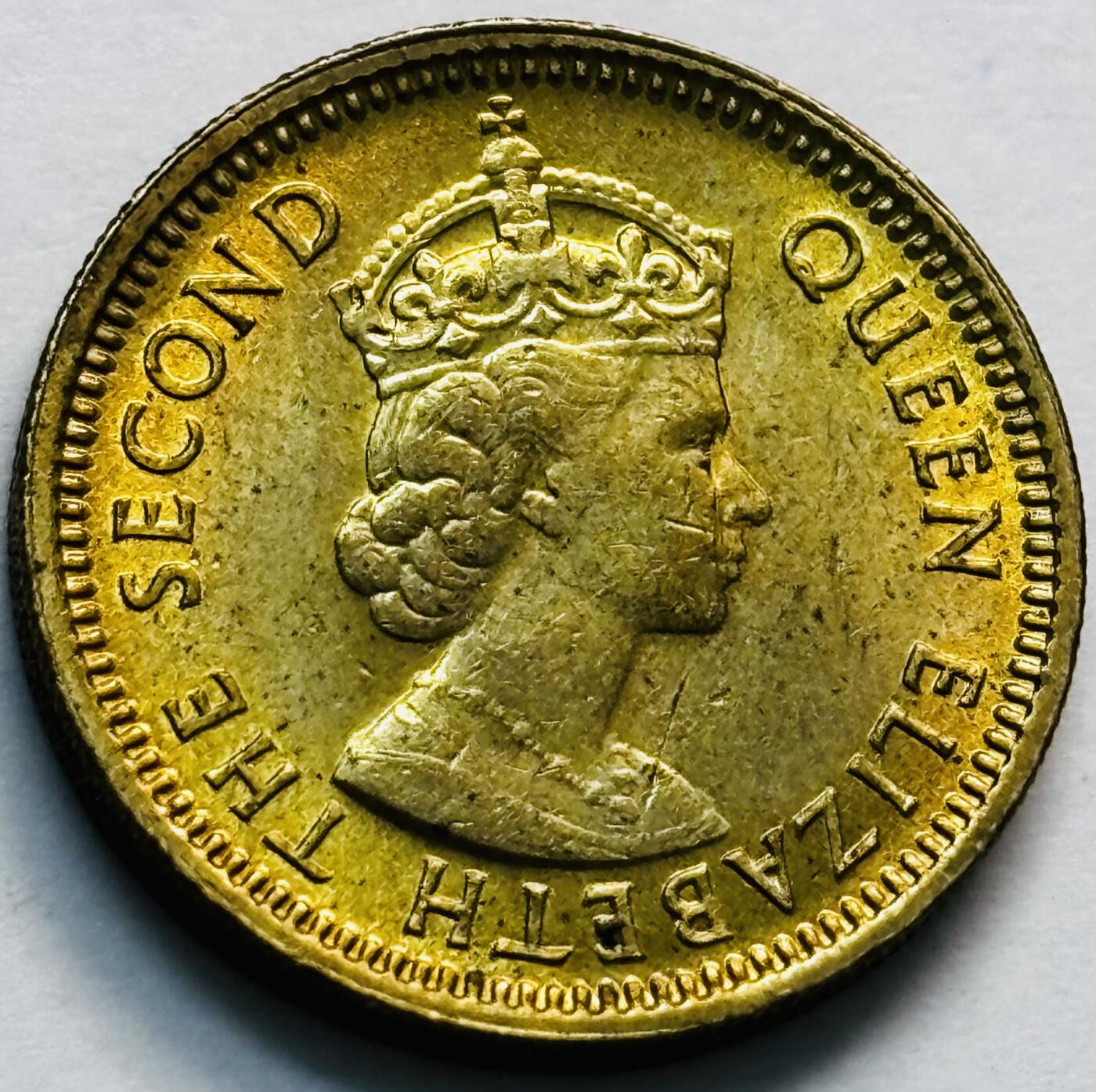 文馨钱币收藏第 280 场， 长期接收代拍品 原铜光品相 1967 年英属香港五仙铜币，伊丽莎白二世时期，第一版关门年