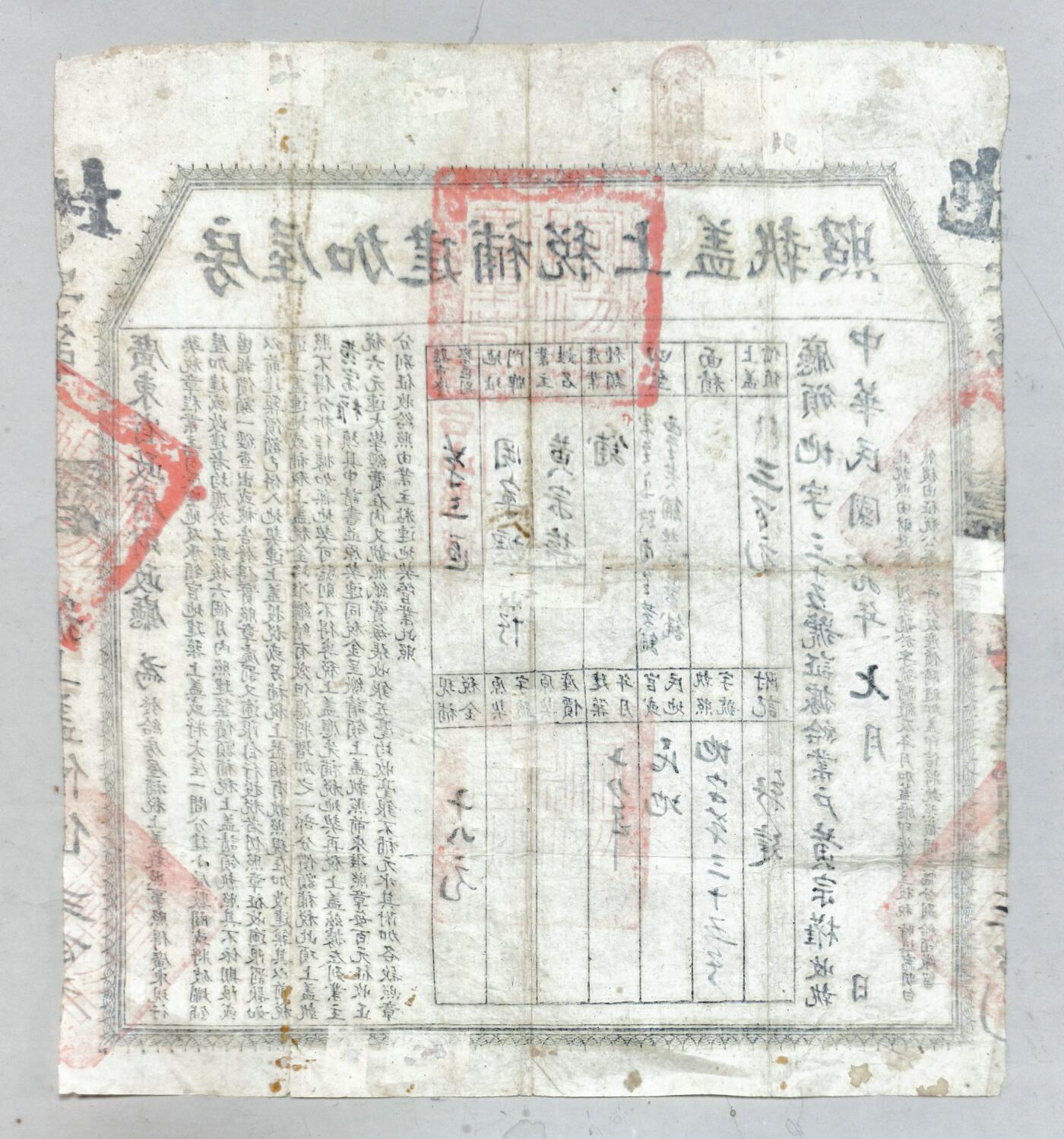 2025年吉藏纸杂文献秋季专场拍卖会 民国十九年（1930年）广东省政府财政厅颁发多如茶楼房屋加建补税上盖执照一张 28.3×30.5cm