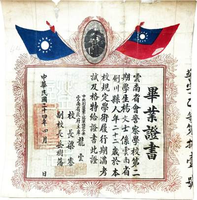 2025年吉藏纸杂文献秋季专场拍卖会 - 民国二十四年（1935年）云南省政府主席龙云、云南省会警察学校校长梁謇等签发毕业证书一张 35.6×37.2cm