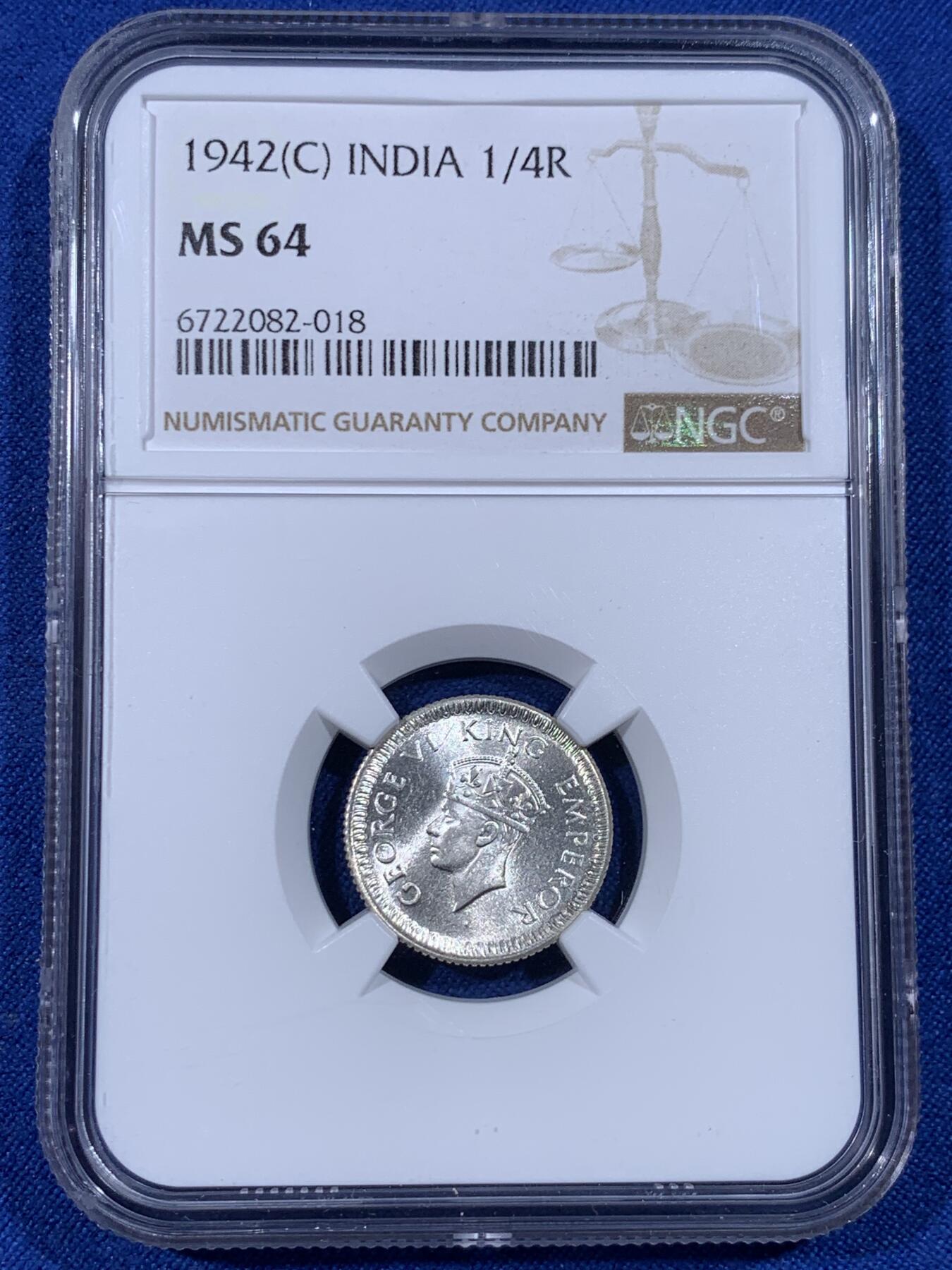 《竞宝斋》第436场 周日，周一2场连拍 （全场包邮） NGC MS64 英属印度1942年乔治六世1/4卢比银币 卷拆原光