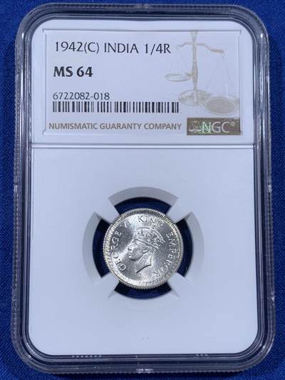 《竞宝斋》第436场 周日，周一2场连拍 （全场包邮） - NGC MS64 英属印度1942年乔治六世1/4卢比银币 卷拆原光