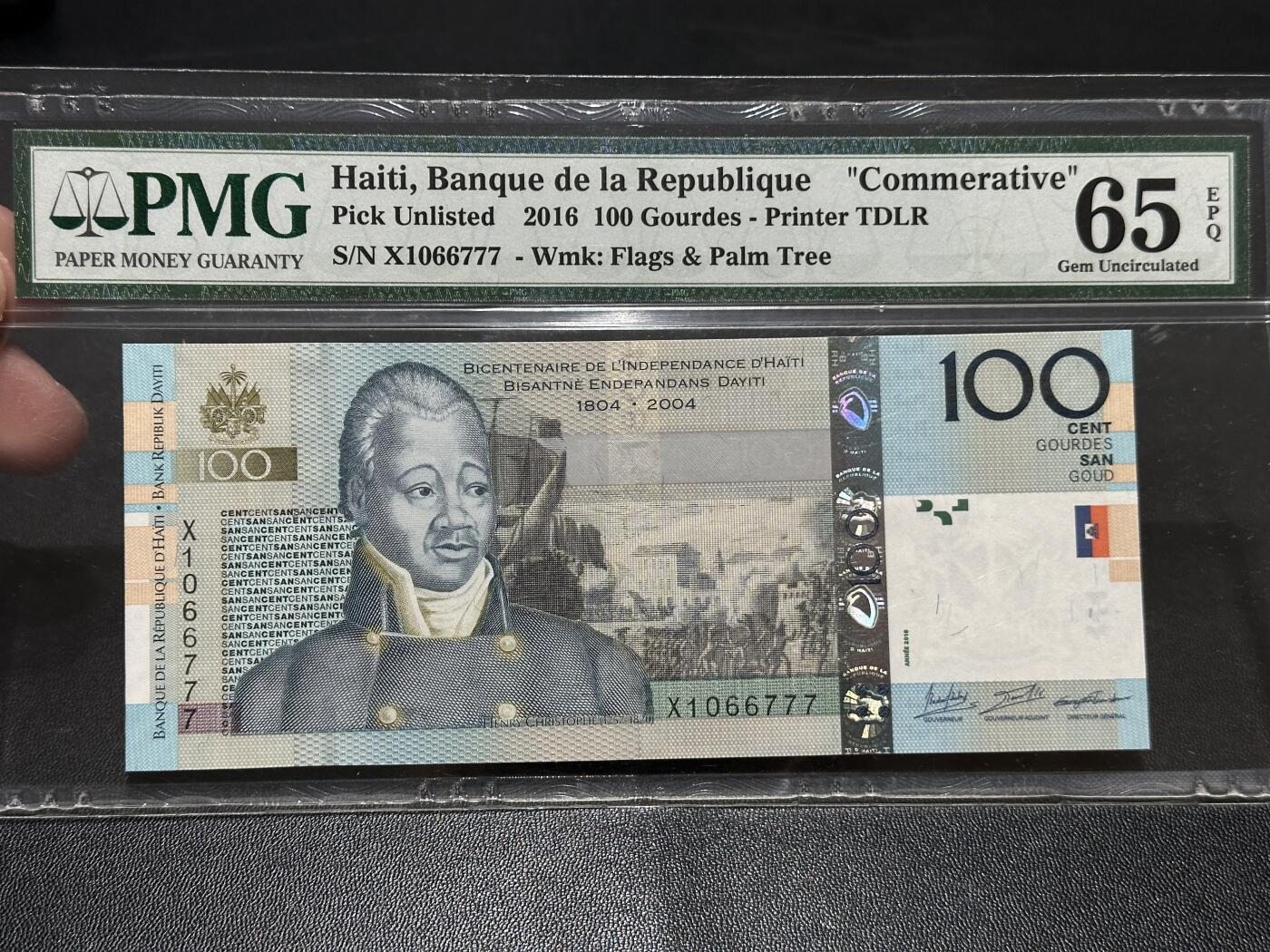 《外钞收藏家》第五百八十三期（精选场）（本期拍品丰富）（本平台长期征集拍品、欢迎藏友们联系合作） 2016年海地100古德 纪念钞 PMG65 豹子号777