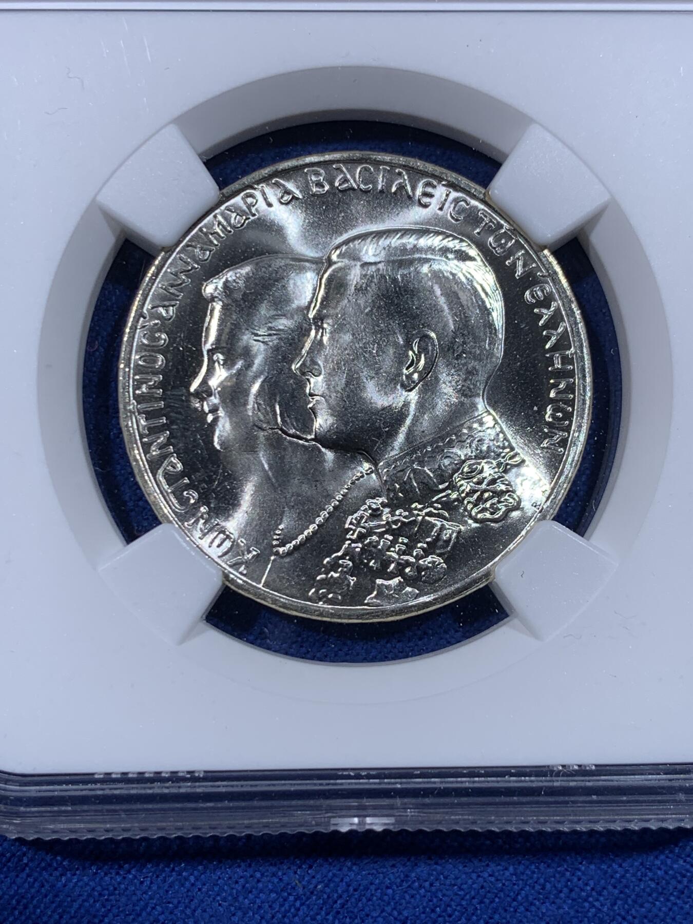 《竞宝斋》第436场 周日，周一2场连拍 （全场包邮） NGC MS66 希腊1964年康斯坦丁二世结婚纪念30德拉克马银币，原卷拆出品质，晃眼曝光状态，66分对于60年前的流通币来说基本算上限。