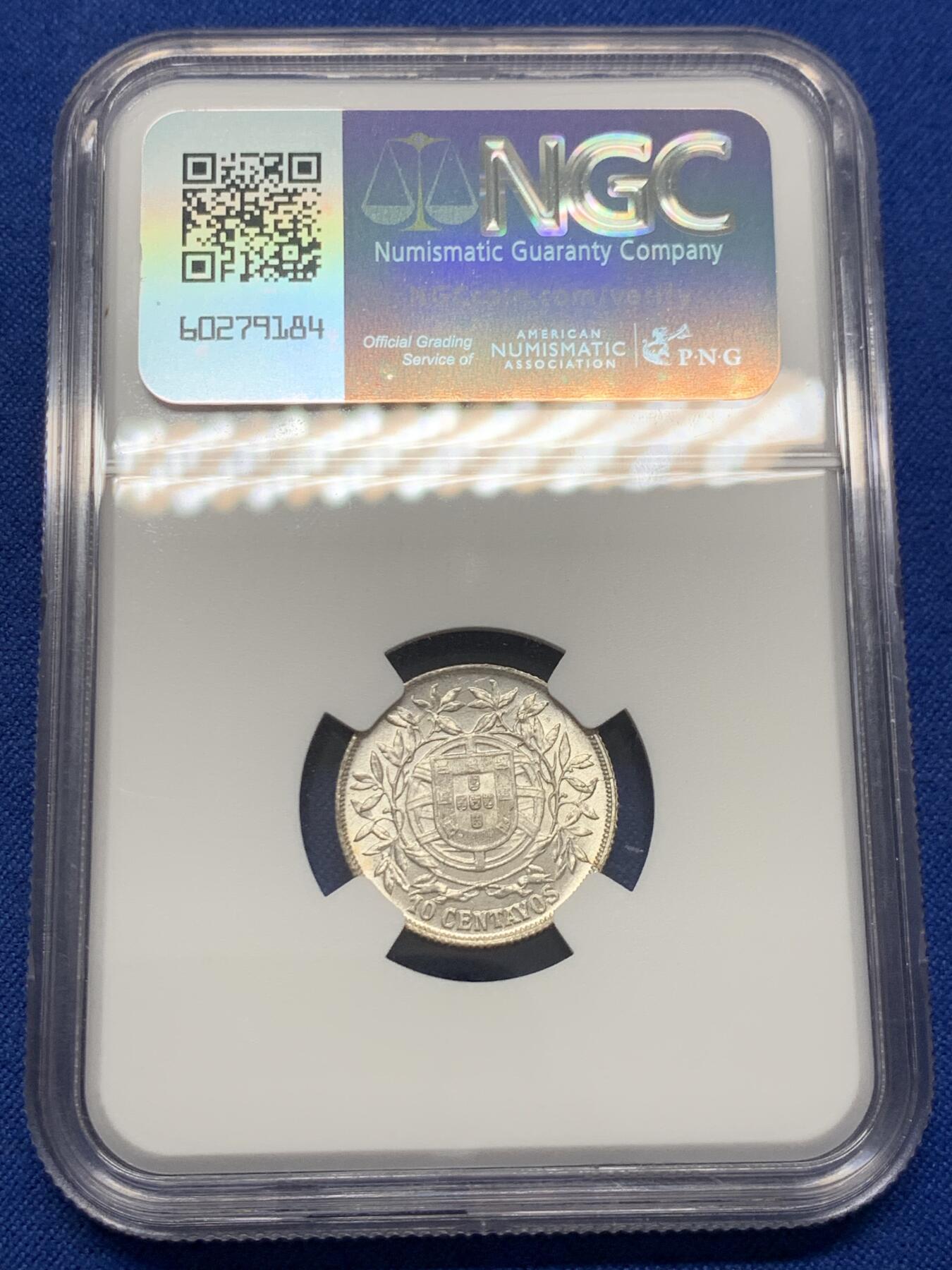 《竞宝斋》第436场 周日，周一2场连拍 （全场包邮） NGC MS63 葡萄牙 1915年 女神 10分银币 卷拆曝光好品