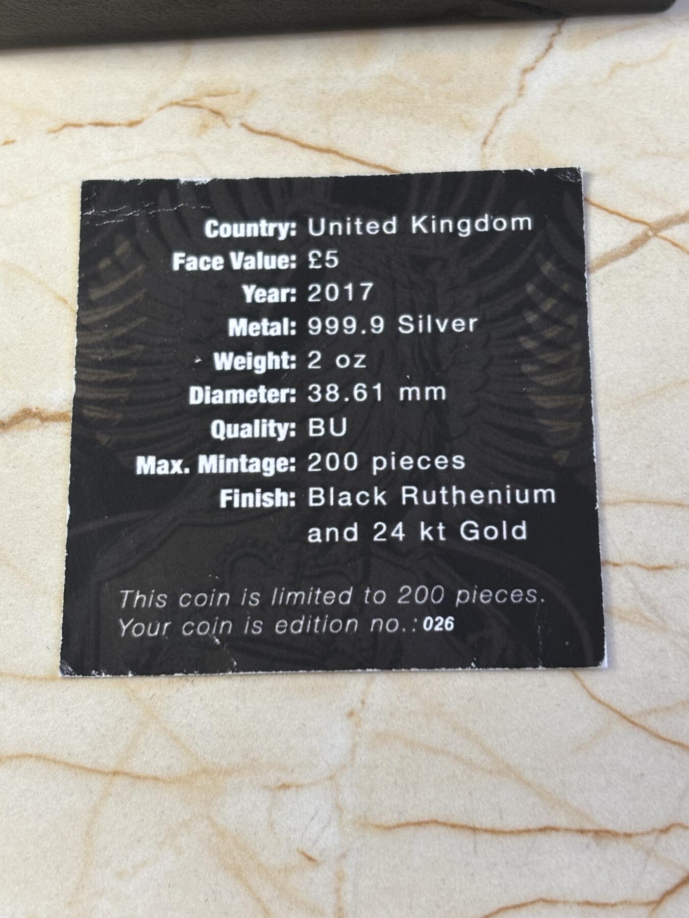 第181期拍卖 英国2017年女王神兽系列格里芬2盎司钌化镀金银币，999银钌化镀金，发行250枚